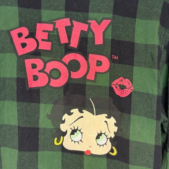 Betty Boop Green Black Buffalo Plaid Flannel Grunge Classic Cartoon Womens Sz XL - Picture 2 of 6